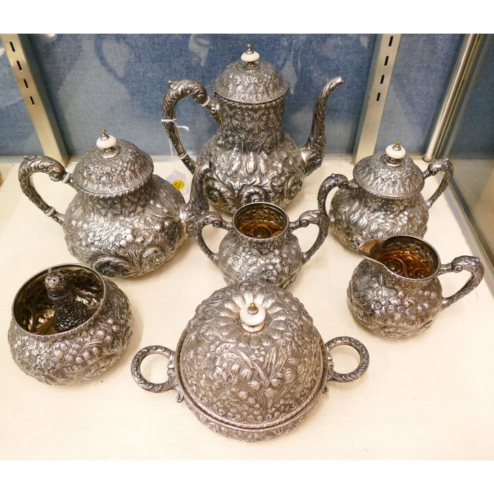 8pc Simpson, Hall & Miller Repousse Tea & Coffee Service- tallest 8''