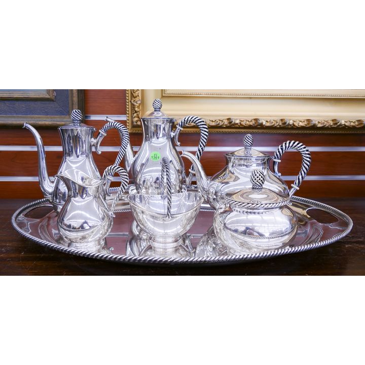 7pc American Sterling Rope Handled Tea & Coffee Service with Tray- 3748g