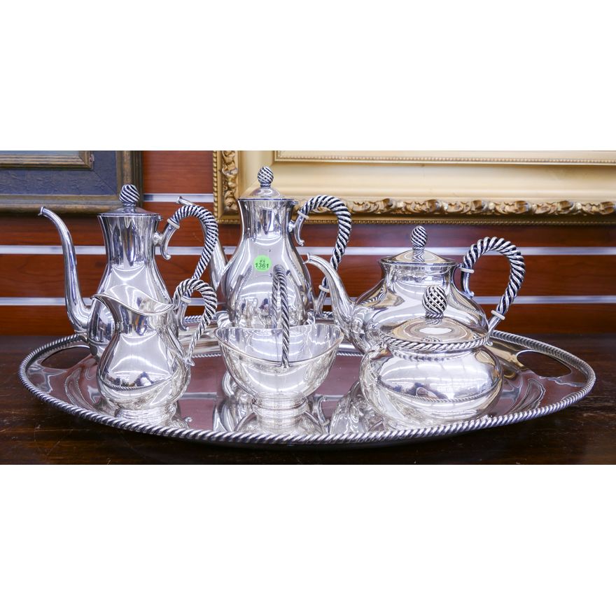 7pc American Sterling Rope Handled Tea & Coffee Service with Tray- 3748g