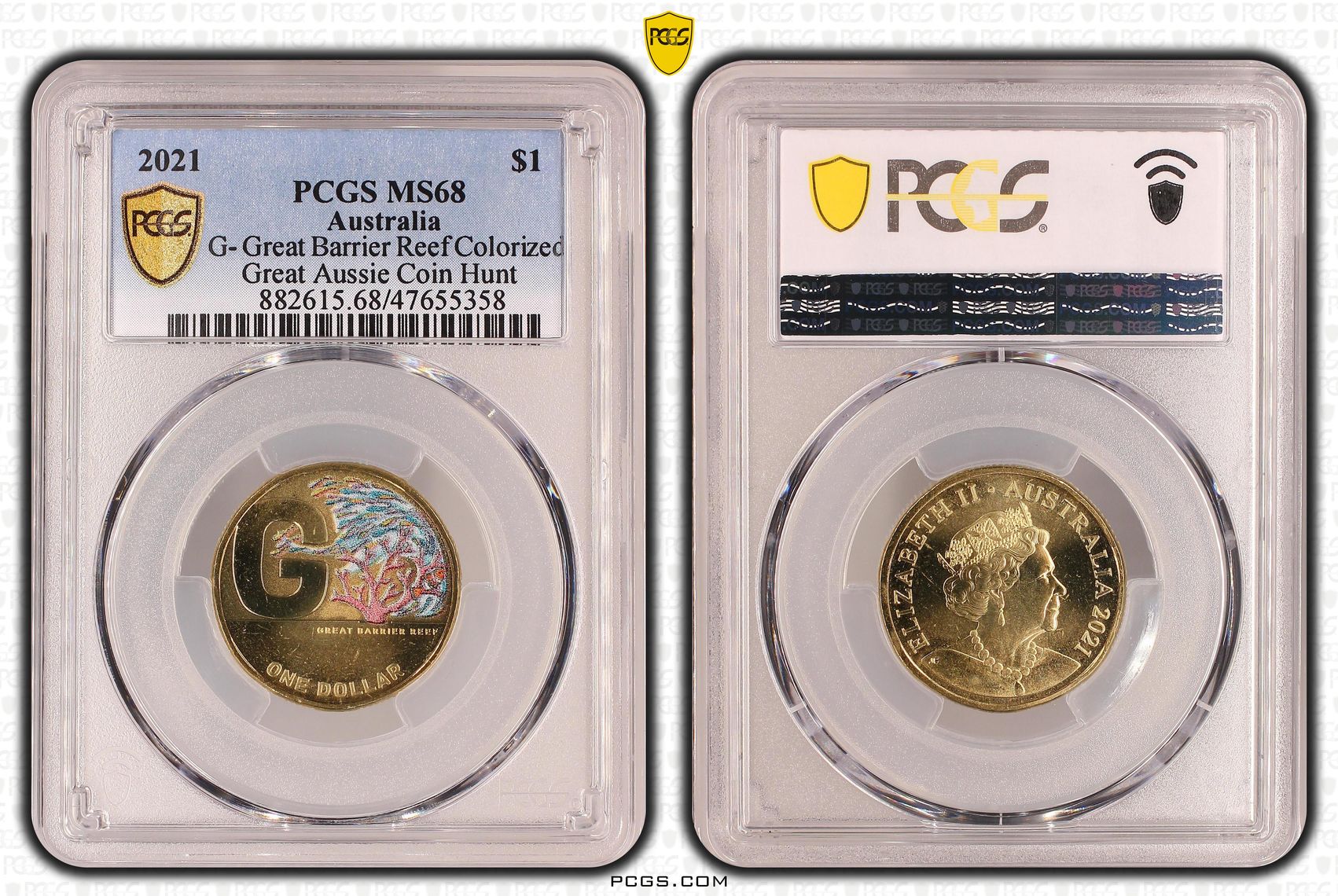G- Great Barrier Reef Colorized Great Aussie Coin Hunt, One Dollar, 2021, PCGS MS 68