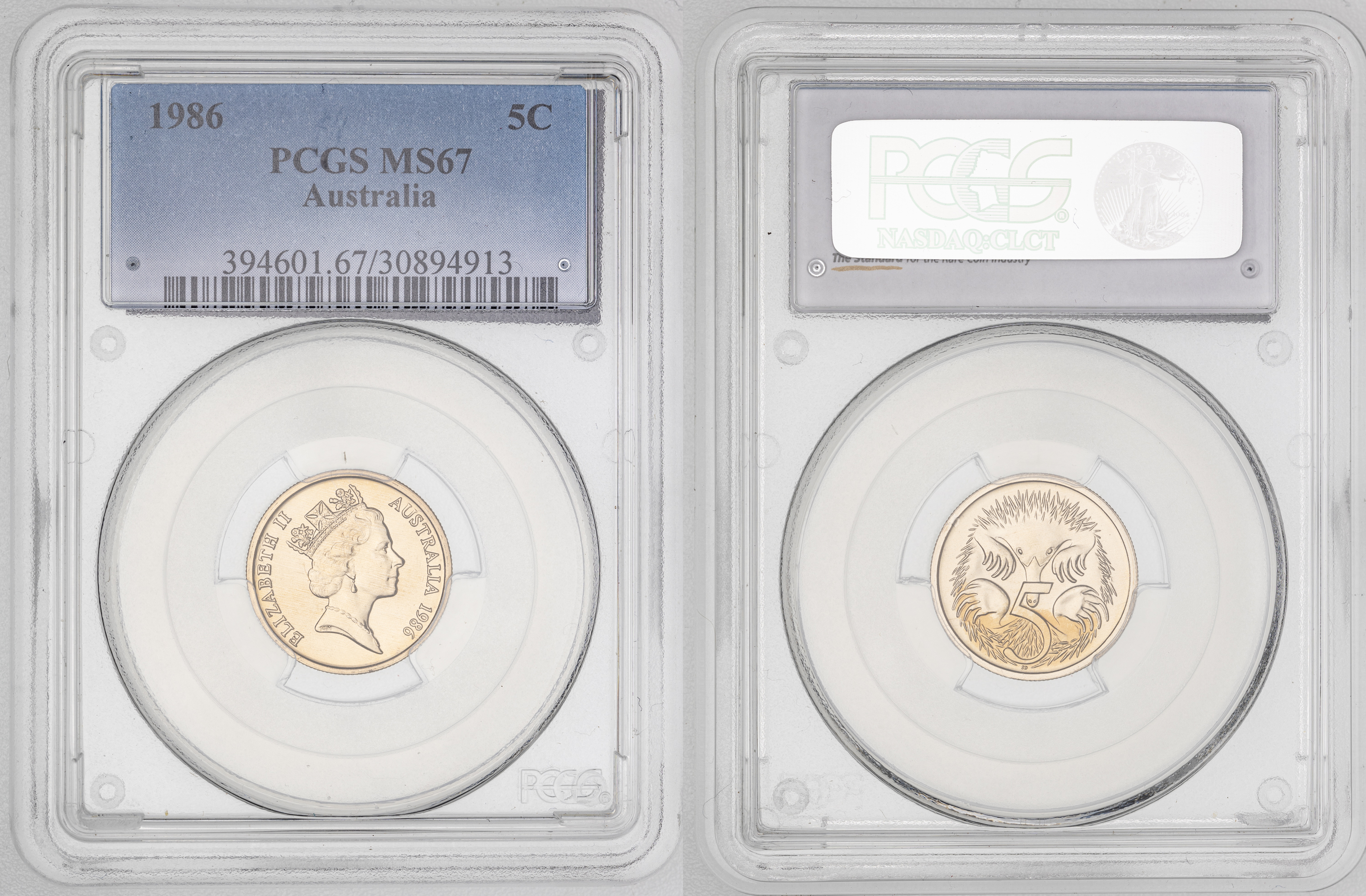162 · Elizabeth II, Low Echidna, Five Cent, 1986, PCGS MS67