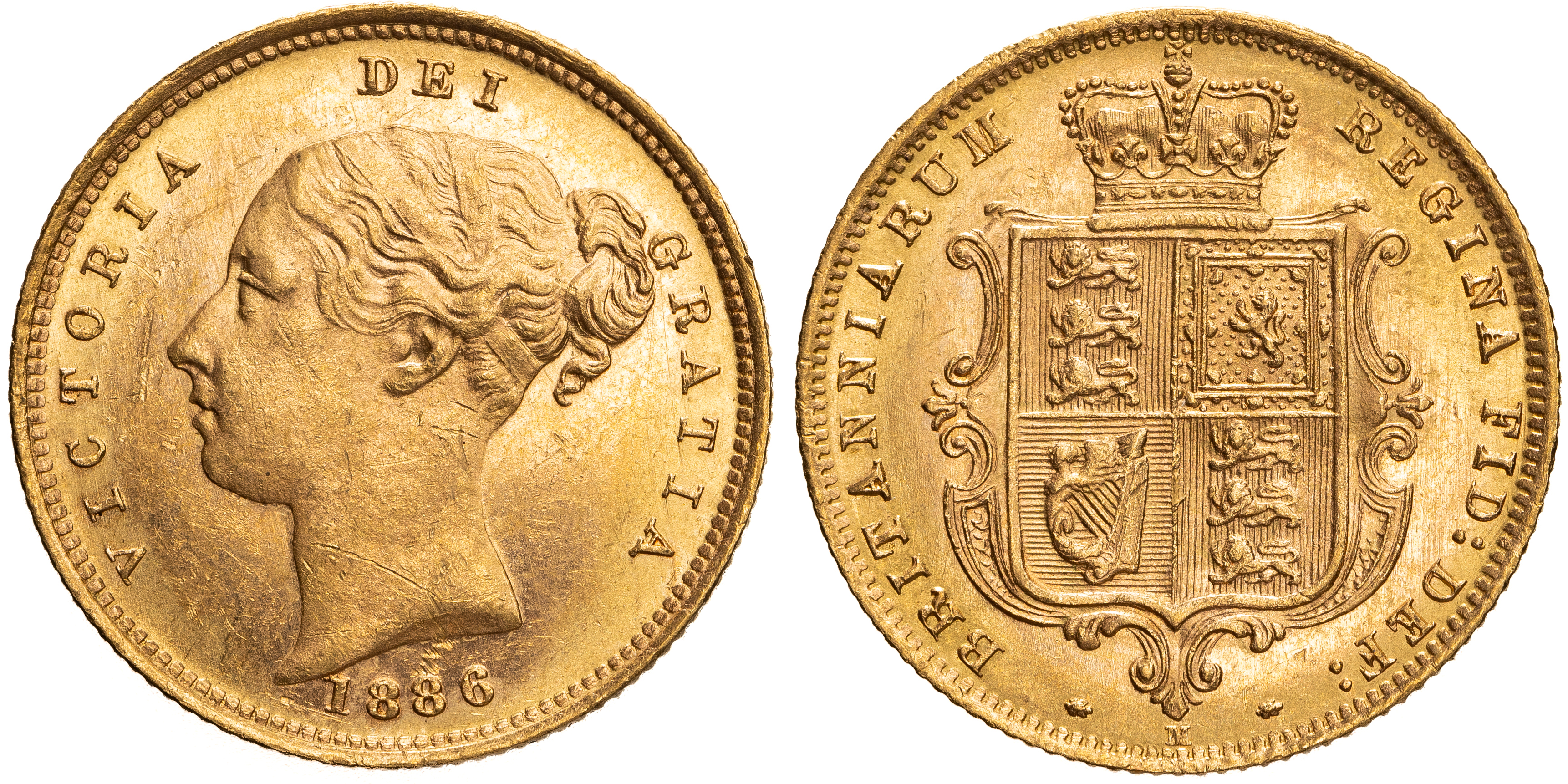 Victoria, Shield Reverse - Young Head, Half Sovereign, 1886-M, UNC