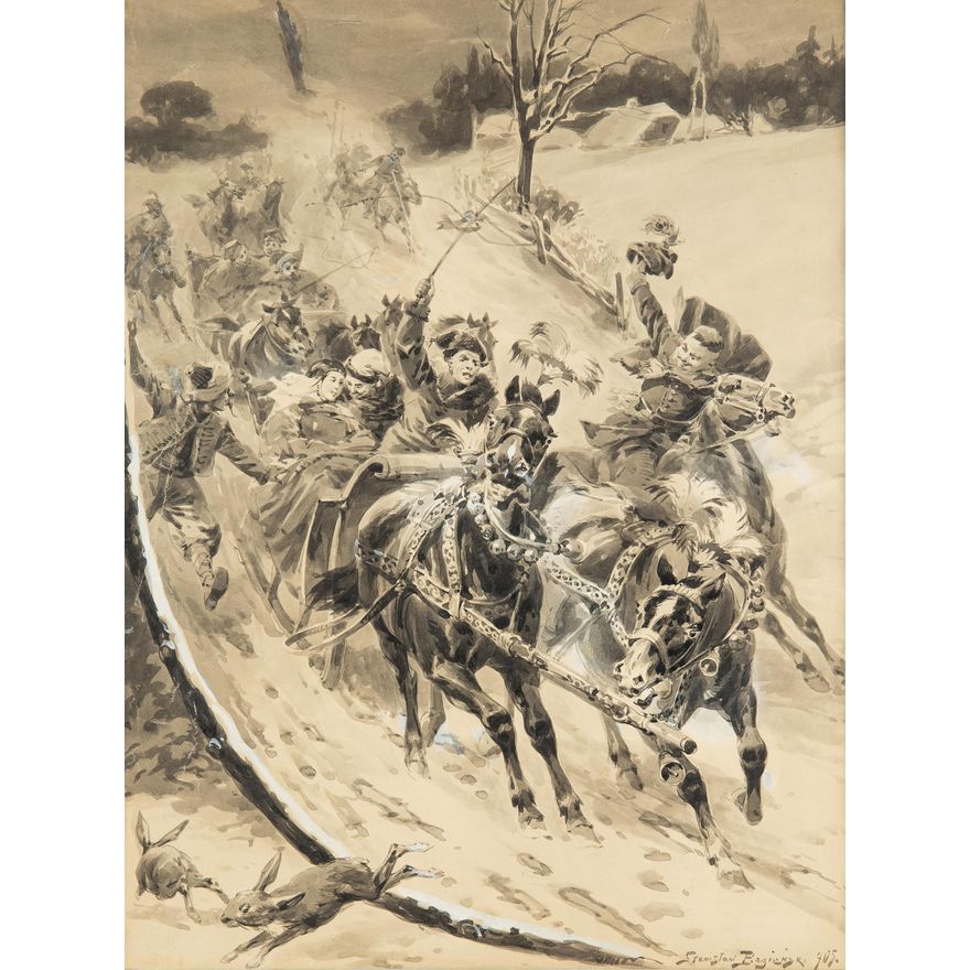 Stanisław Bagieński | Potop - Kmicic z Oleńką na kuligu, 1905 r.