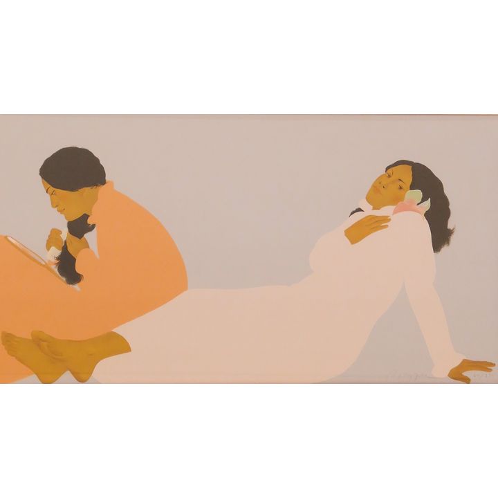 Pegge Hopper (b.1936, Hawaii) Serigraph of 2 Hawaiian Girls. Edition 64/275. Framed- 28.5x46''.