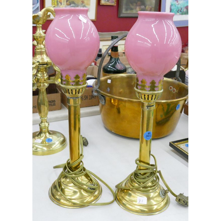 Pair Antique Pink Glass Shade Brass Parlor Lamps 15''