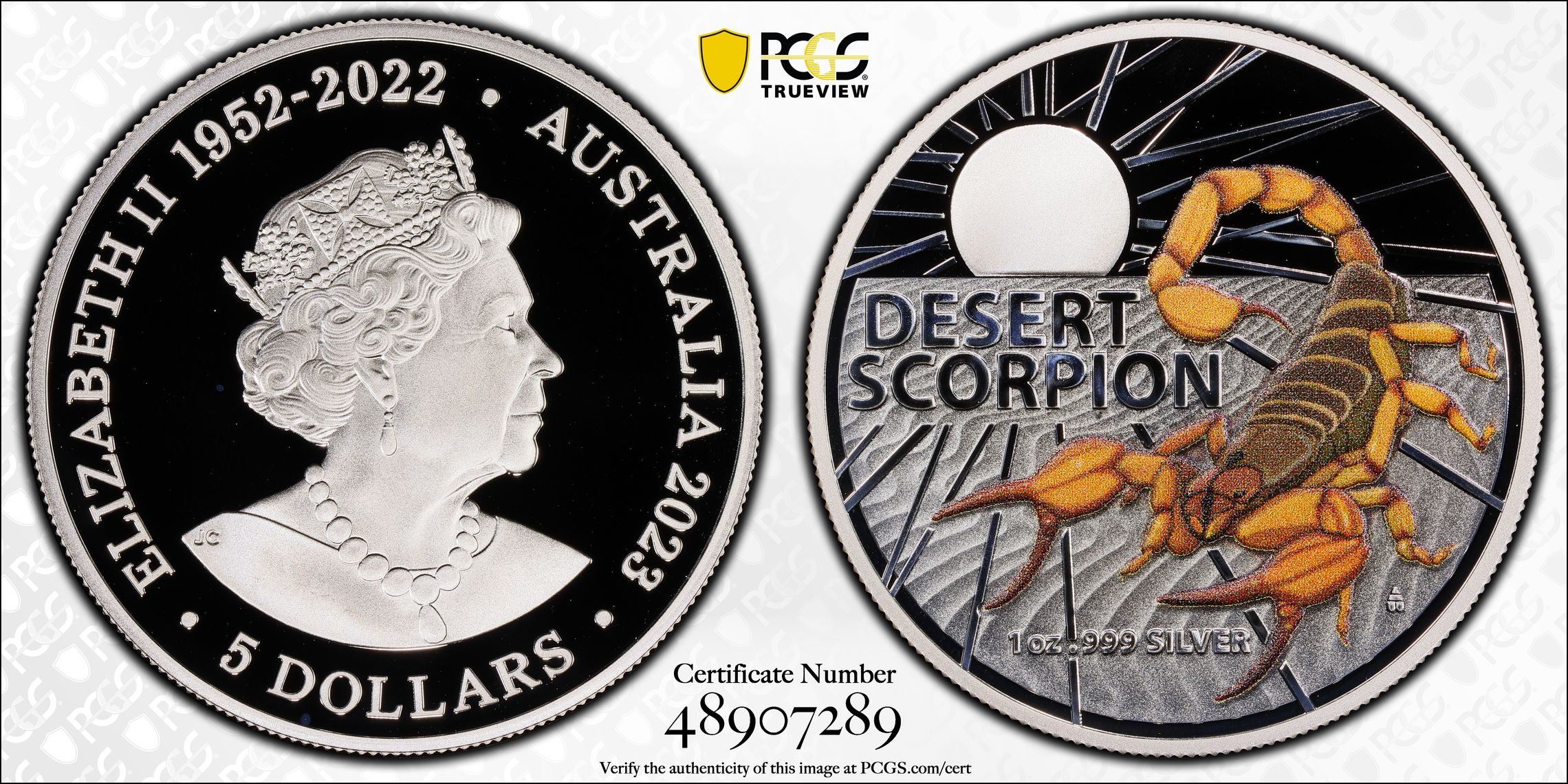 Elizabeth II, Desert Scorpion Colorized 1oz , Five Dollar, 2023, PCGS PR69DCAM