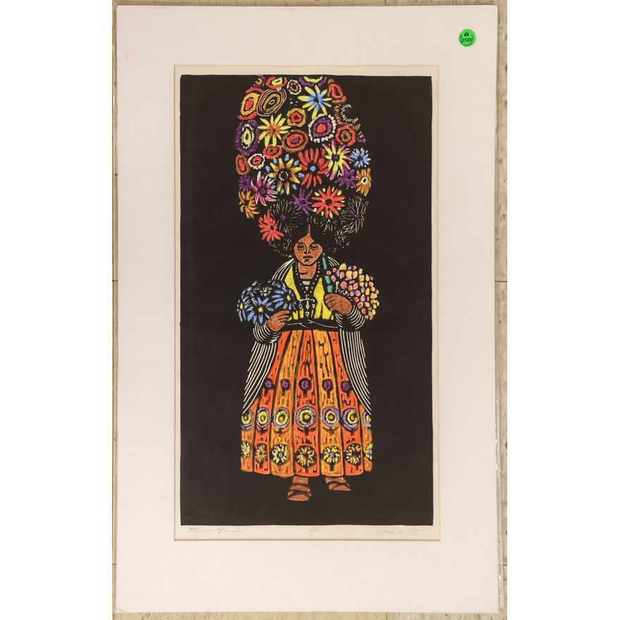 Jack McLarty ''Flower Vendor'' Color Woodcut Matted 26''x17''