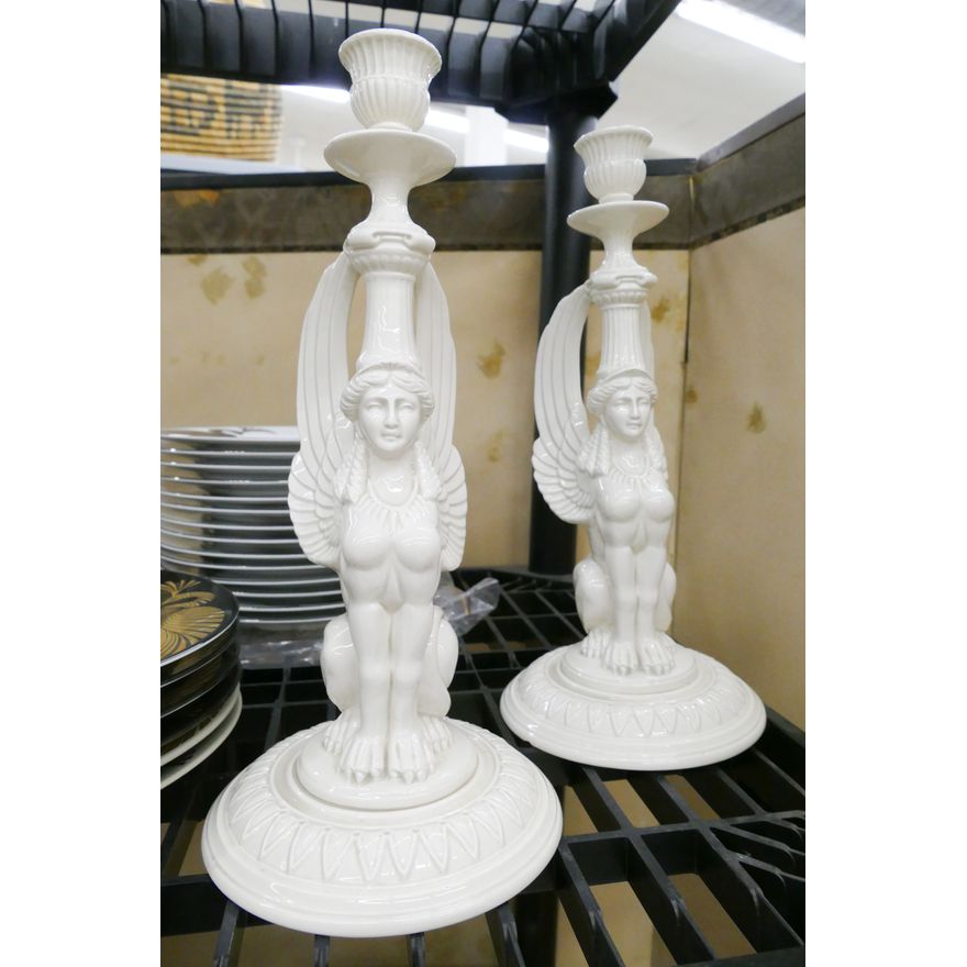 Pair Fitz & Floyd Egyptian Revival Sphinx Candlesticks dated 1977- 10"