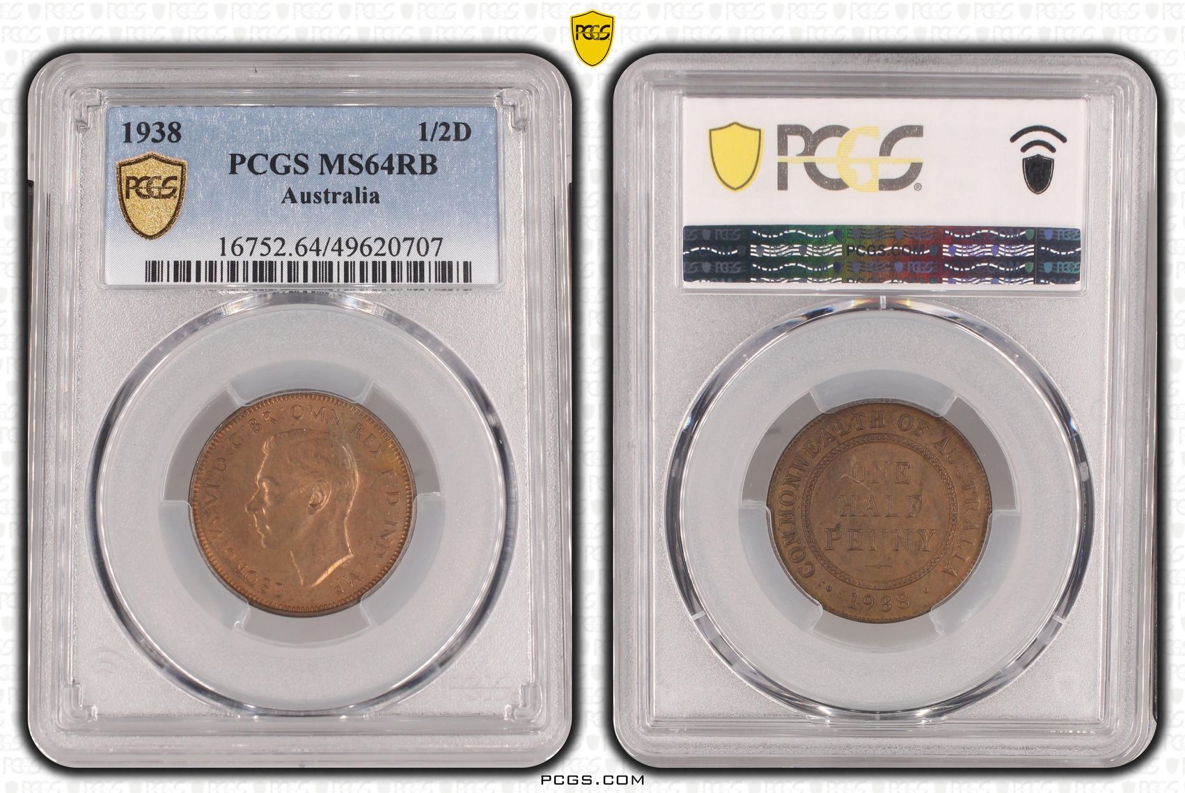 George VI, Halfpenny, 1938, PCGS MS64RB
