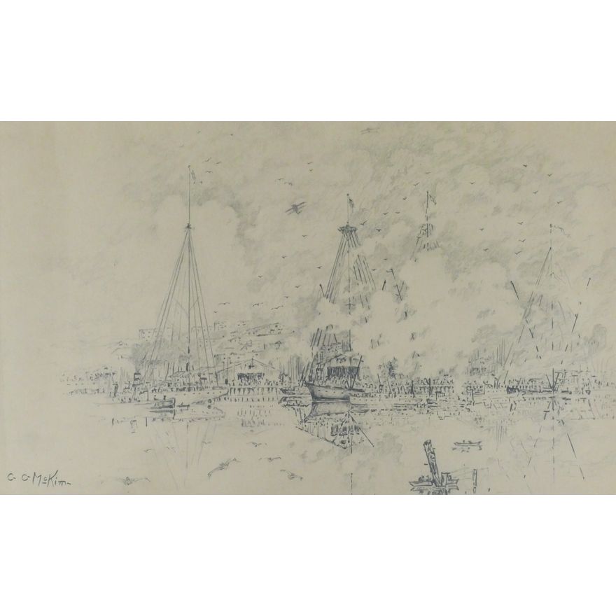 C.C. McKim ''Untitled'' (Harbor Battle Scene) Graphite