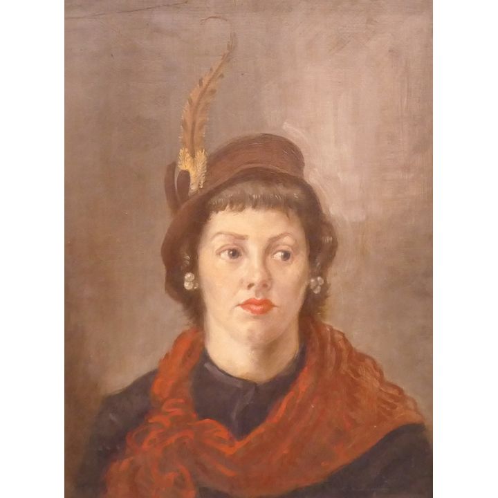 American Woman with Feather Hat Oil on Board Framed- 27x22''