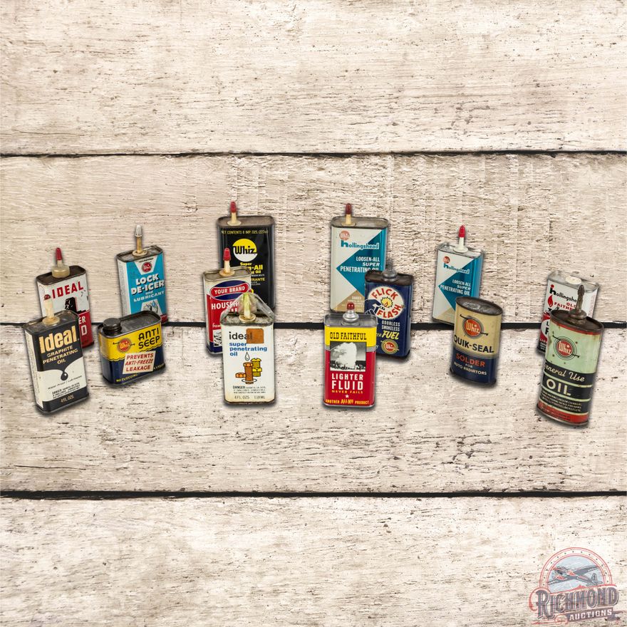 Group of 14 Whiz Metal Oil Cans Handy Oilers Old Faithful Ideal Hollingshead & More