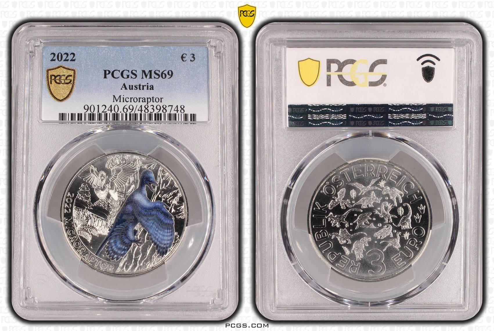 Austria, Microraptor , 3 Euro, 2022, PCGS MS69