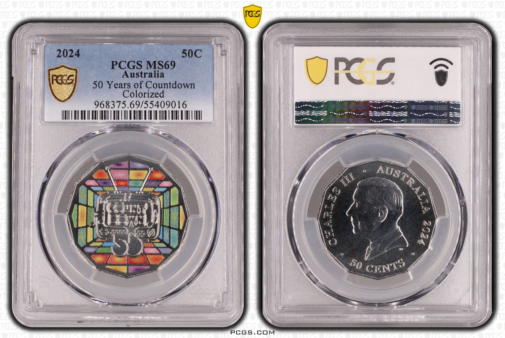 408 · 50 Years of Countdown Colourised, Fifty Cent, 2024, PCGS MS69