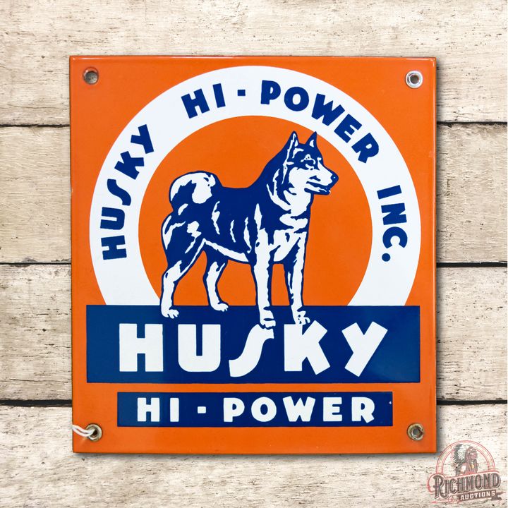 Rare Small Husky Hi-Power Inc. Single Sided Porcelain Pump Plate Sign TAC 9.25