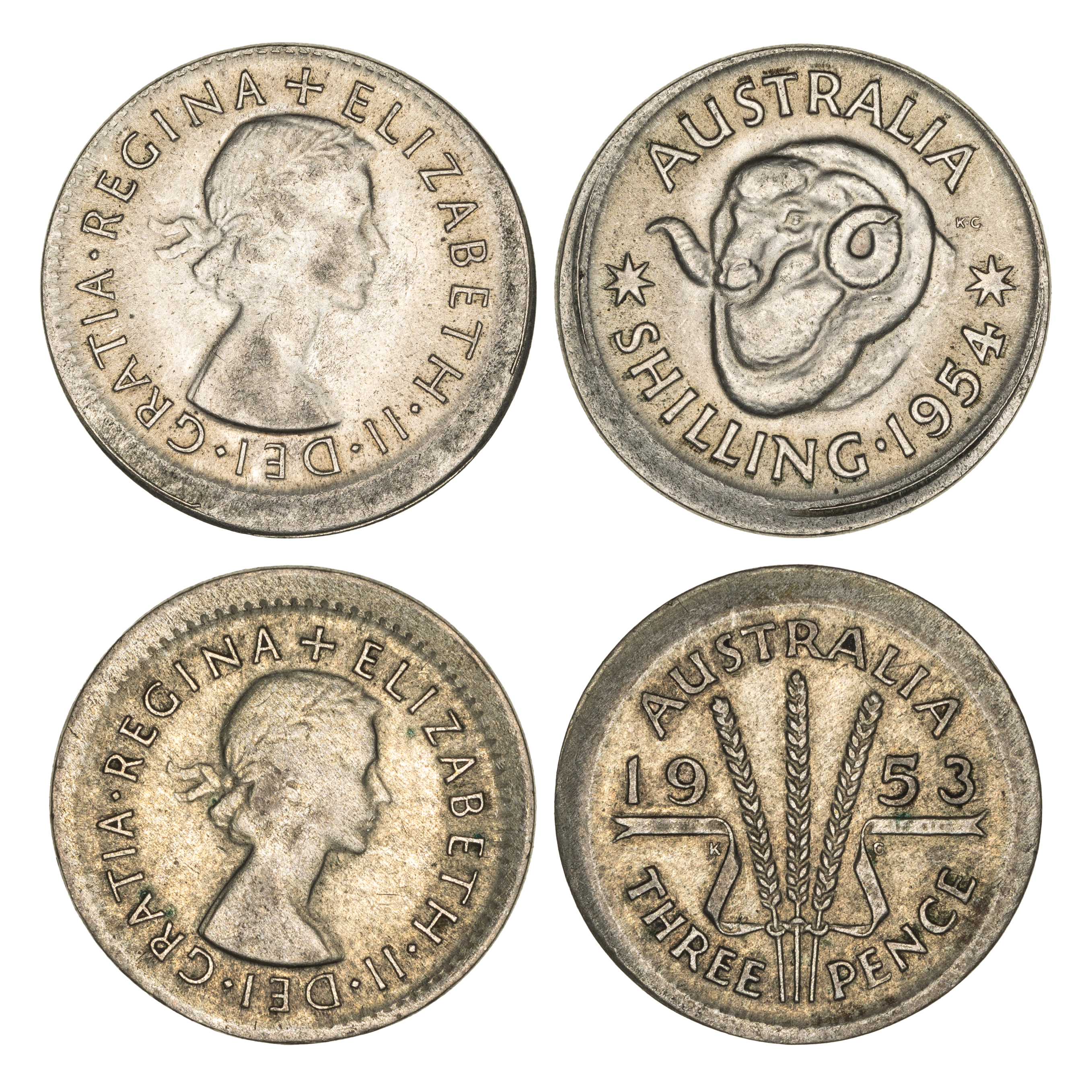 Elizabeth II, Threepence - Shilling, 1953 - 1954, aVF