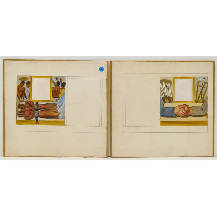 2pc Runquist WPA Era Gouache Mural Studies 15''x16'' Sheets