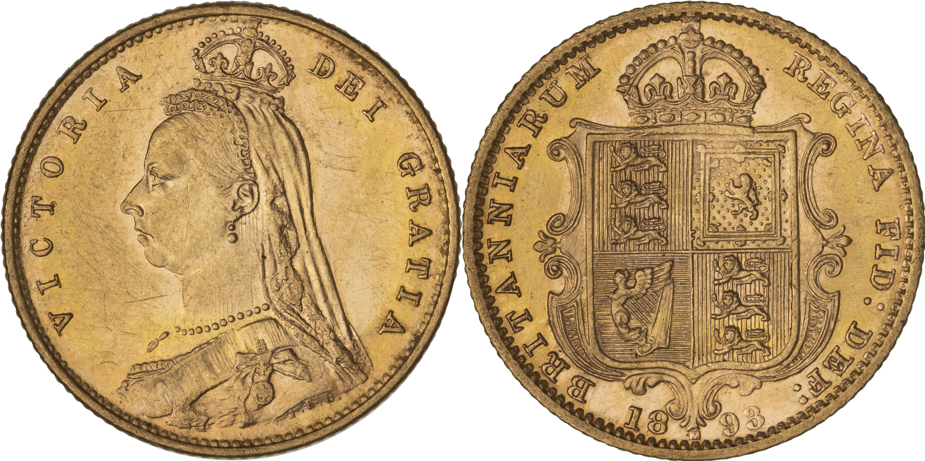 Victoria, Shield Reverse - Jubilee Head, Half Sovereign, 1893-M, EF