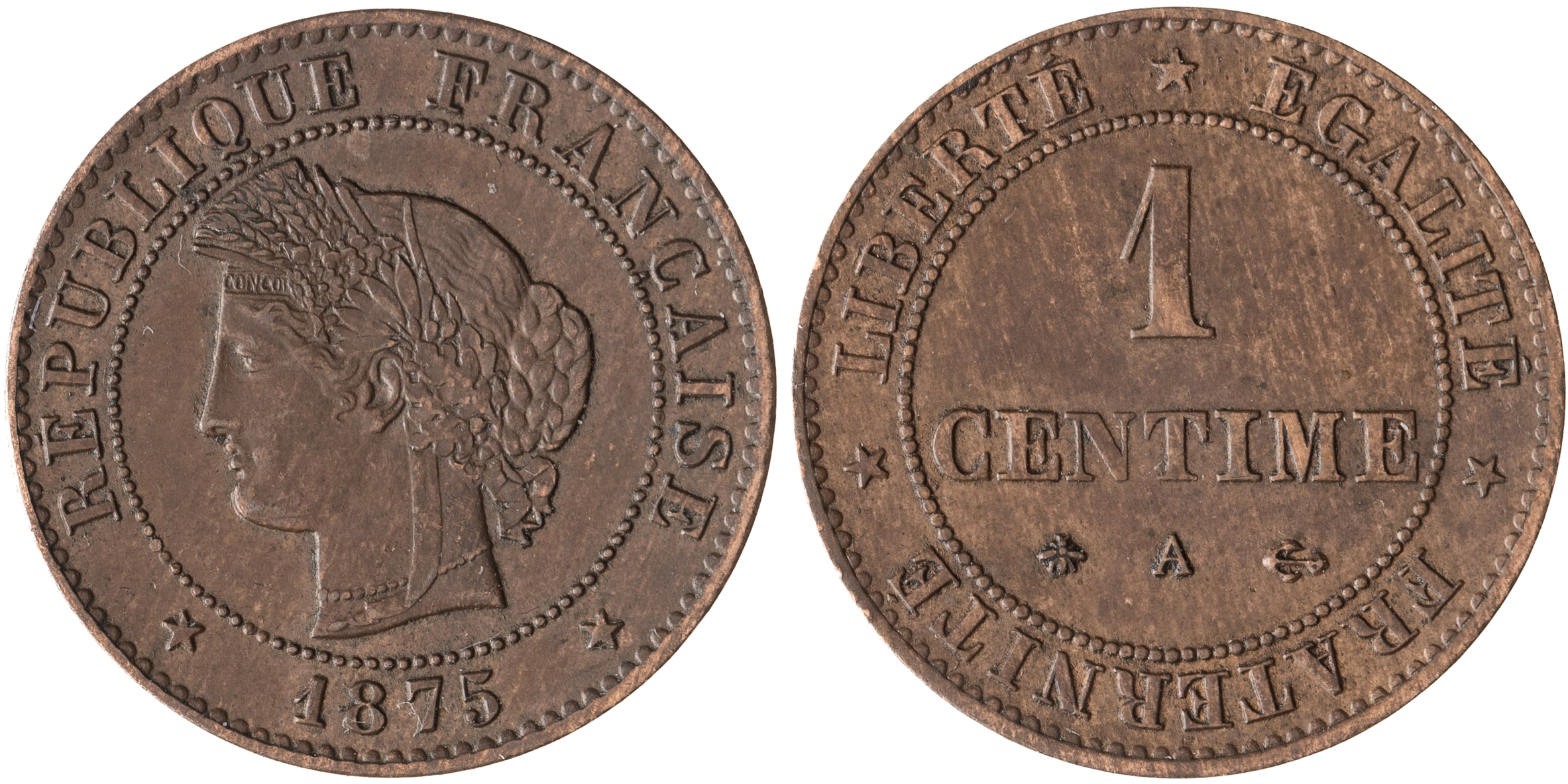 France, Third Republic, One Centime, 1875-A, UNC