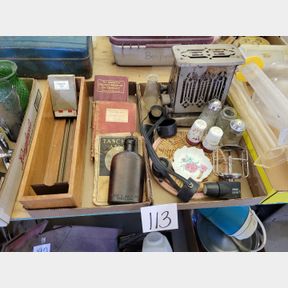 2 Boxes of vintage toaster, antique whiskey bottle and book
