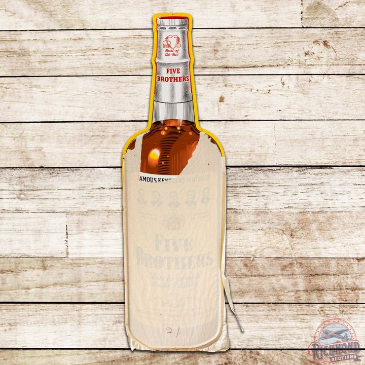 Excellent NOS 1954 Five Brothers Bourbon Whiskey Die Cut Single Sided Tin Bottle Sign