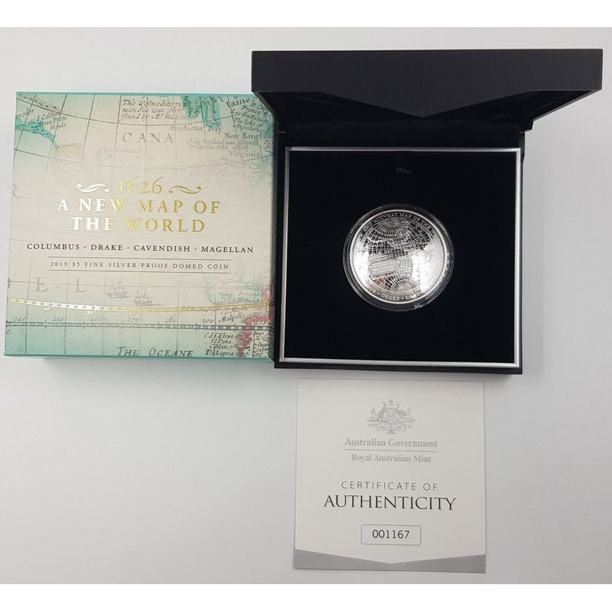 Silver Proof Domed Coin - New World Map