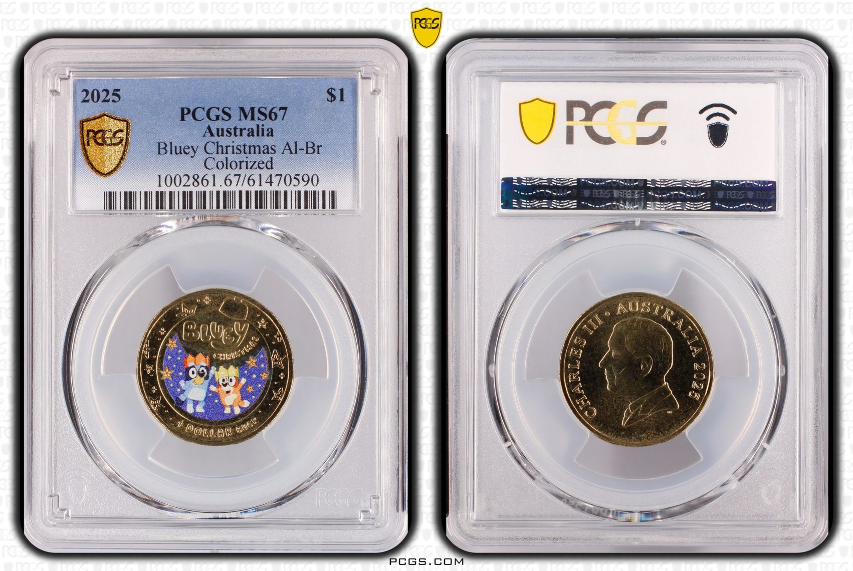 Bluey Christmas AlBr Colourised, One Dollar, 2025, PCGS MS67