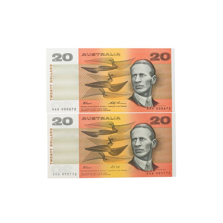 Consecutive Pair, Fraser/Cole, Twenty Dollars, 1991, UNC