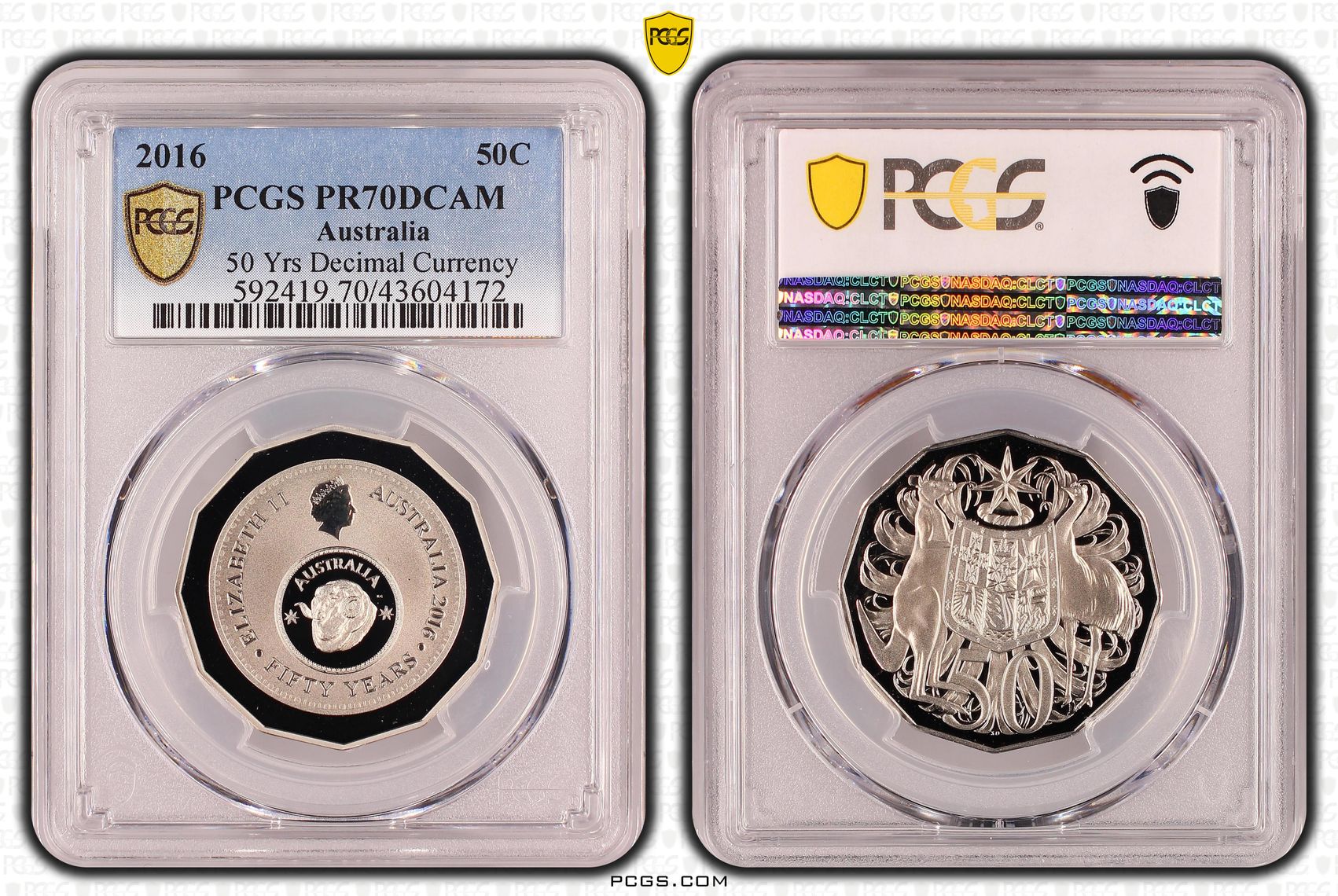2016 Australian Fifty Cent, 50c Proof 50th Ann. Decimal Currency PCGS - PR70DCAM POP 172/0 -172