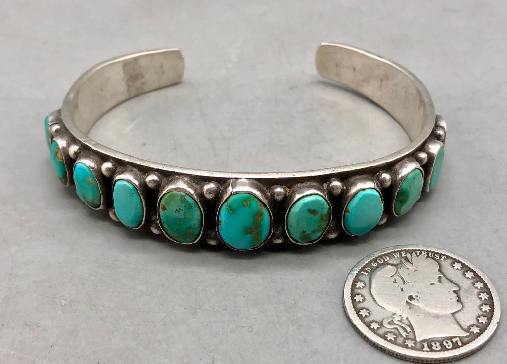 11 Stone Natural Turquoise And Sterling Silver Bracelet | Western