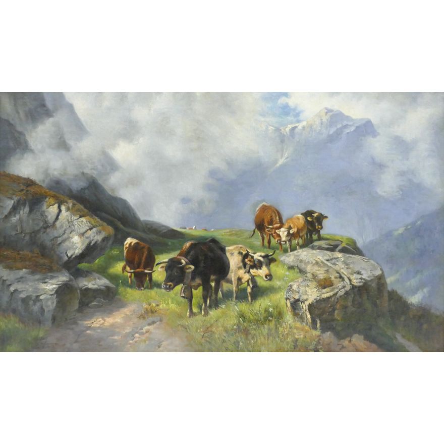 Maximilian Lanninger ''Grazing Cattle'' 1890 Large Oil