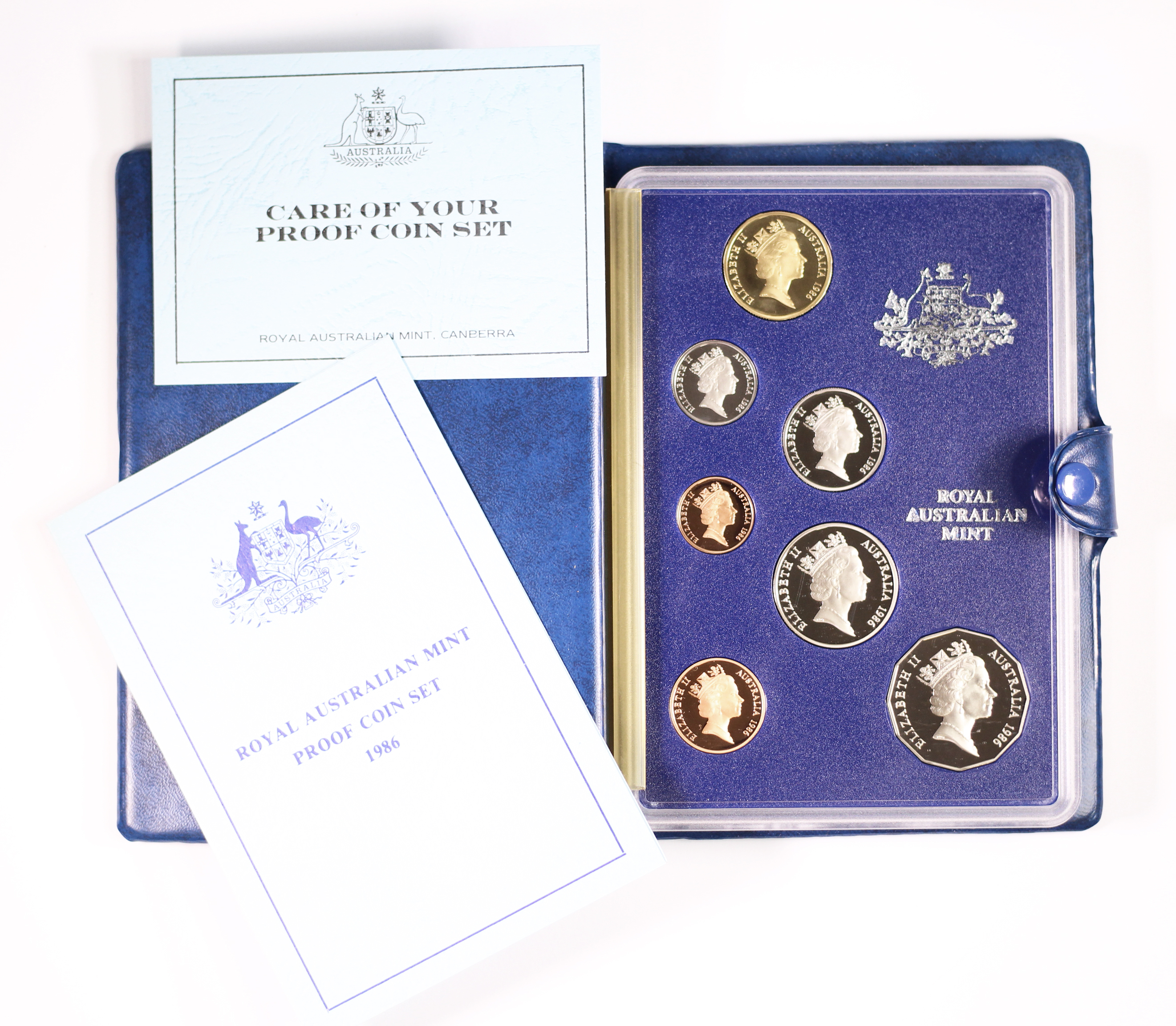 1986 Royal Australian Mint 7 Proof Coin Set - Box, Folder & COA