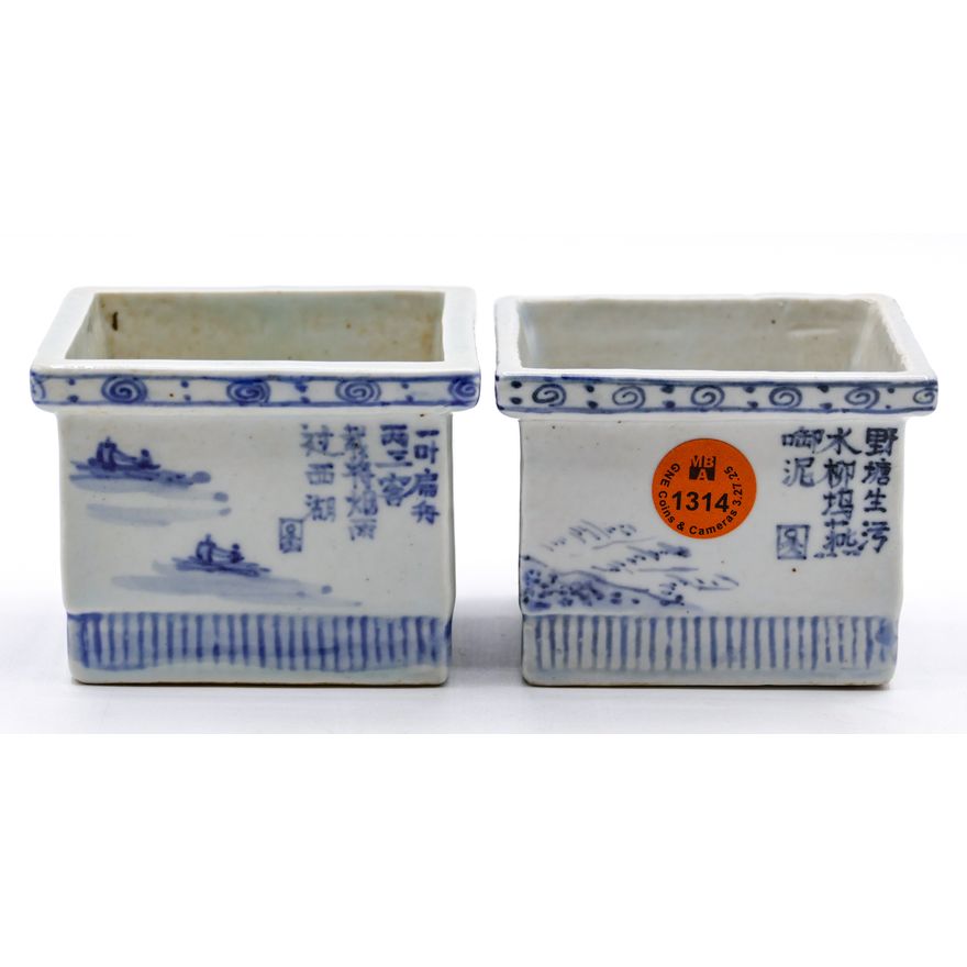Pair Chinese Blue & White Square Pots 3''