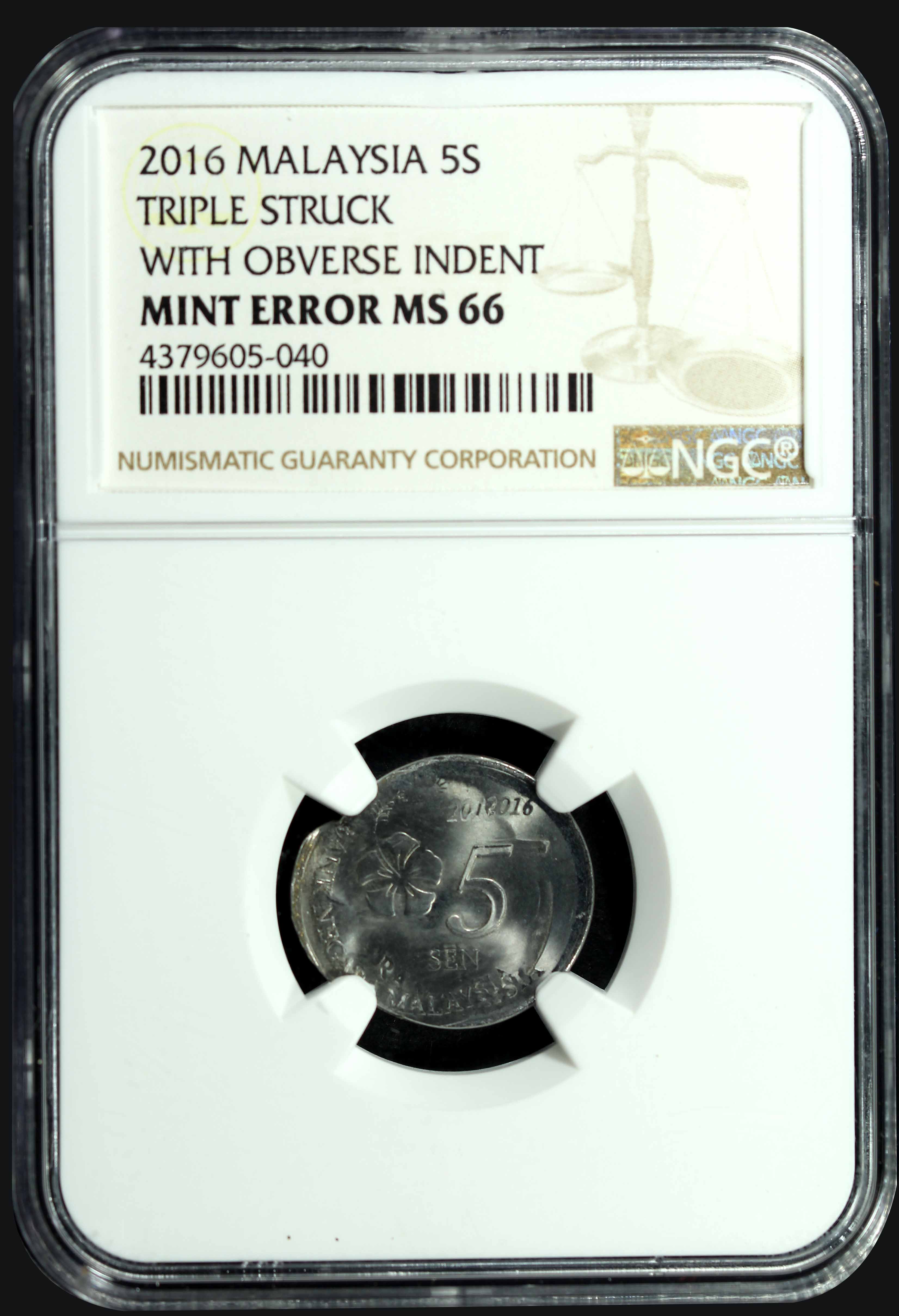 Malaysia, 2016, 5 Sen, NGC Mint Error MS66. Triple struck with