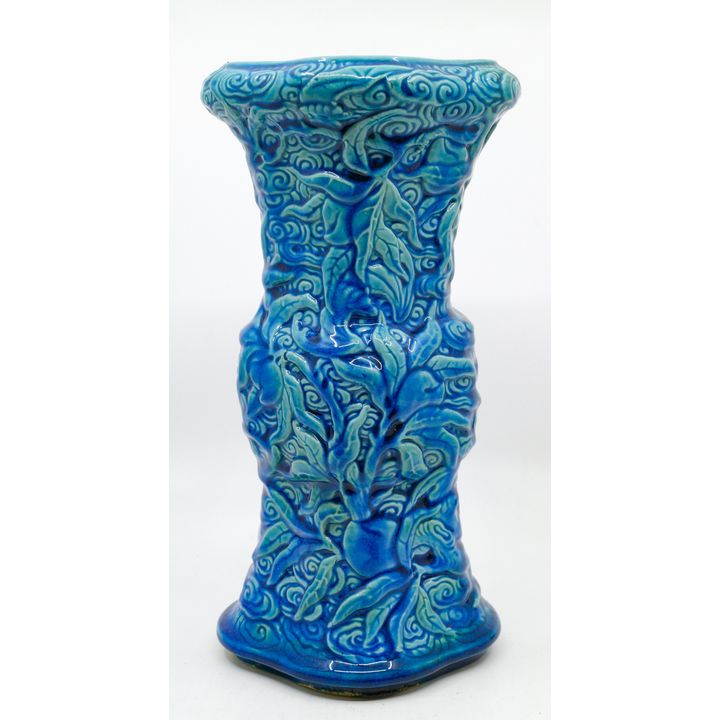 Old Chinese Export Peacock Blue Ruyi Form Vase 11'' - Slight hairline crack