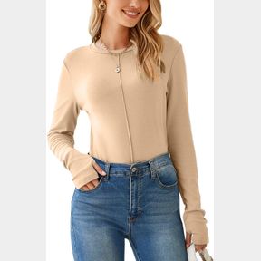 HAPPY SAILED WOMENS BASIC T-SHIRTS LONG SLEEVE ROUND NECK THUMB HOLES SLIM FIT TEES SHIRTS TOPS FALL OUTFITS CLOTHING COLOR KHAKI