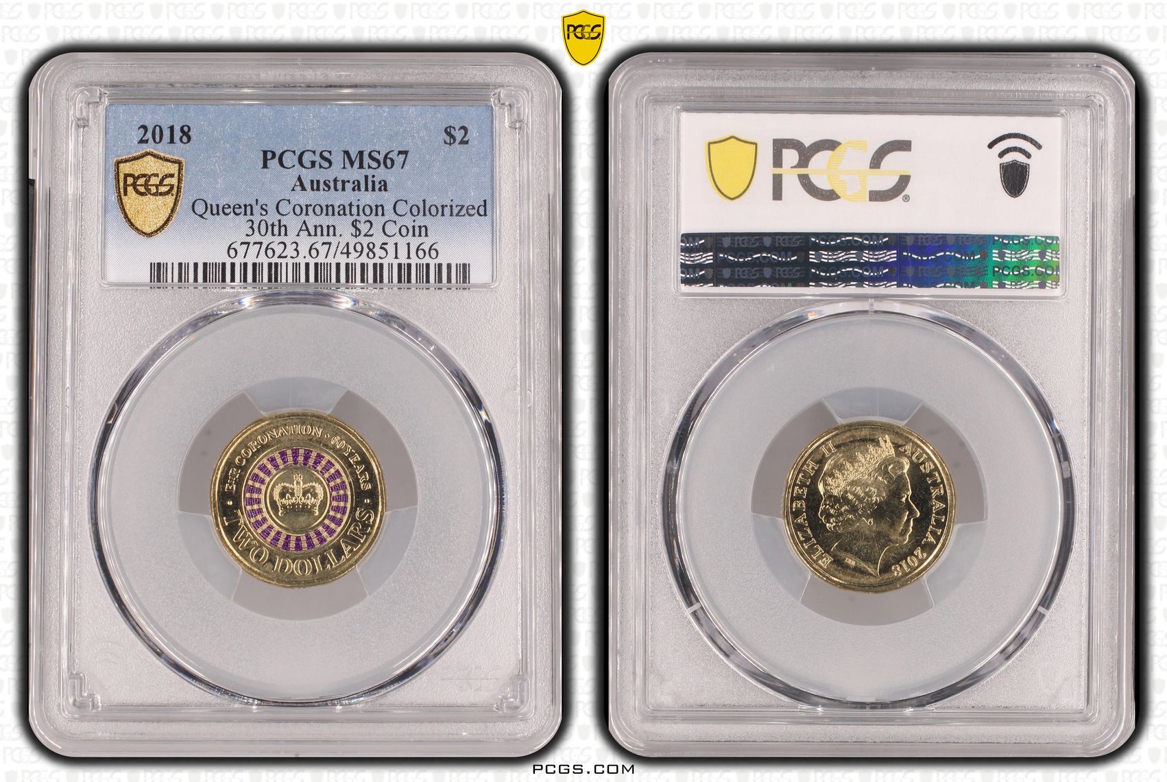 422 · Queen's Coronation Colorized 30th Ann. $2 Coin, Two Dollar, 2018, PCGS MS67