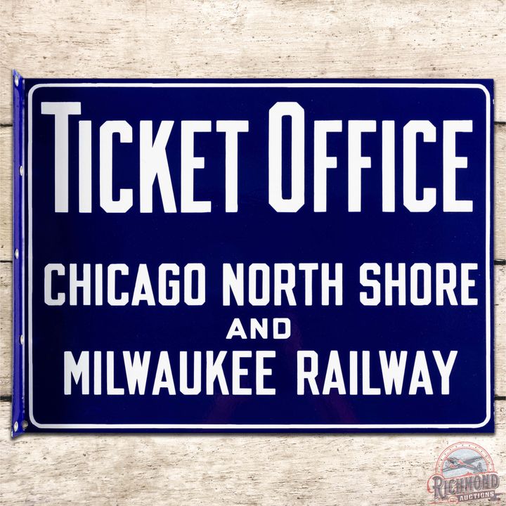 NOS Chicago North Shore and Milwaukee Railway Ticket Office DS Porcelain Flange Sign