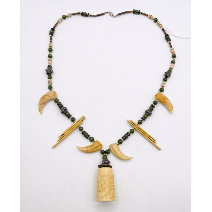 Chinese Jade & Bone Bead Art Necklace 30''