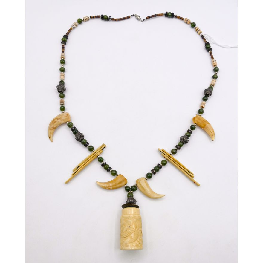 Chinese Jade & Bone Bead Art Necklace 30''