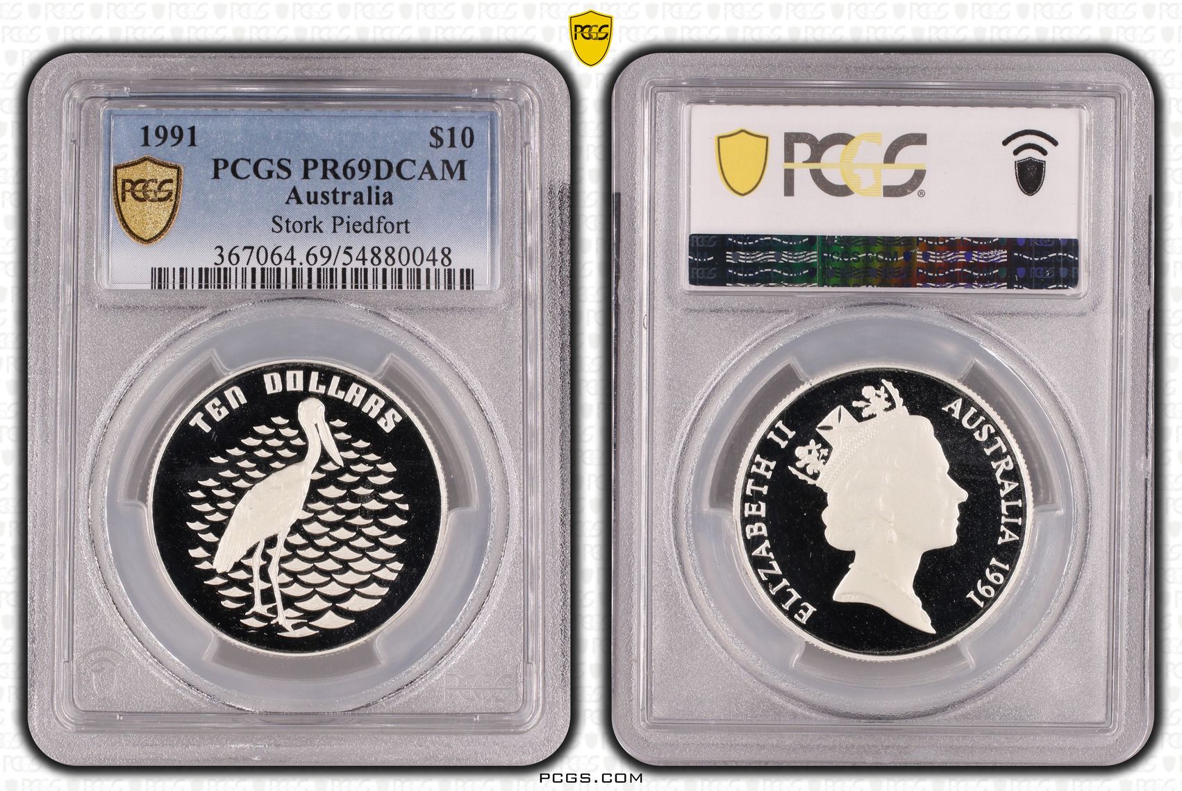 Stork Piedfort, Ten Dollars, 1991, PCGS PR69DCAM