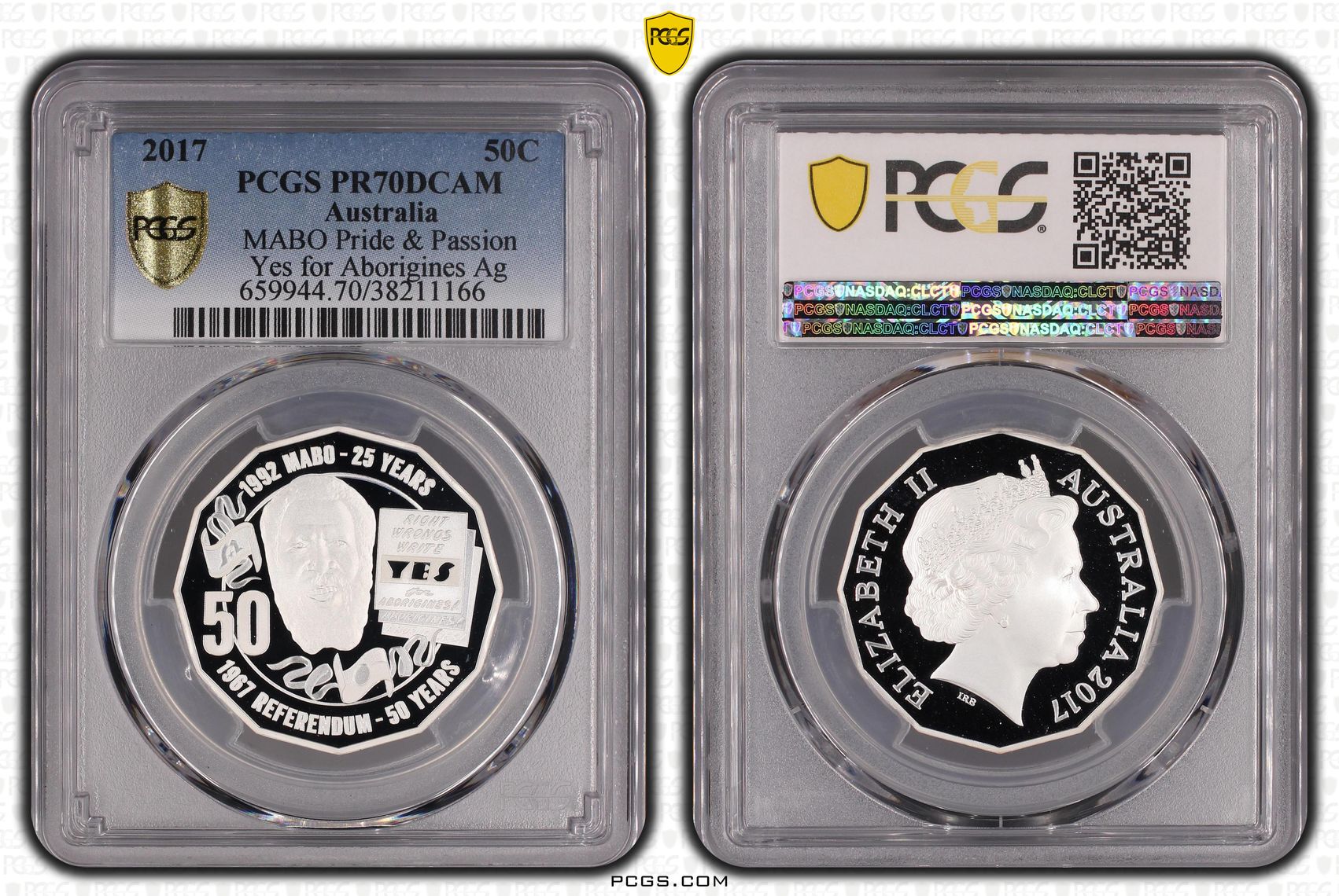 329 · 2017 Australia Fifty Cent, 50c Silver MABO Pride & Passion - Yes for Aborigines Ag PCGS - PR70DCAM POP 29/0 -166
