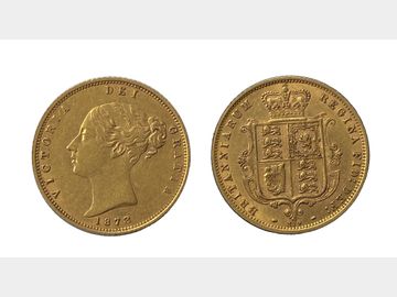 1873 Queen Victoria Young Head #Die 329 Shield Gold Half Sovereign
