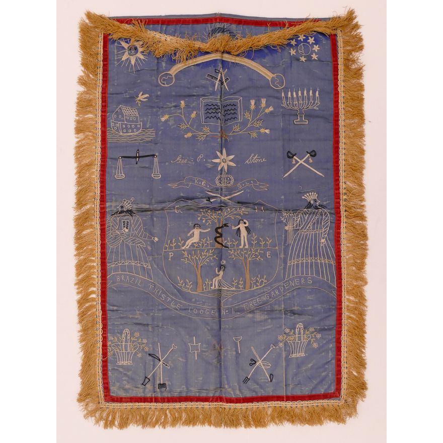 Antique Masonic Needlework Pictorial Silk Banner- - some damage