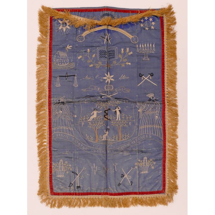 Antique Masonic Needlework Pictorial Silk Banner- - some damage