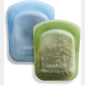 STASHER REUSABLE SILICONE STORAGE BAG, FOOD STORAGE CONTAINER, MICROWAVE AND DISHWASHER SAFE, LEAK-FREE, POCKET 2-PACK, GREEN + BL