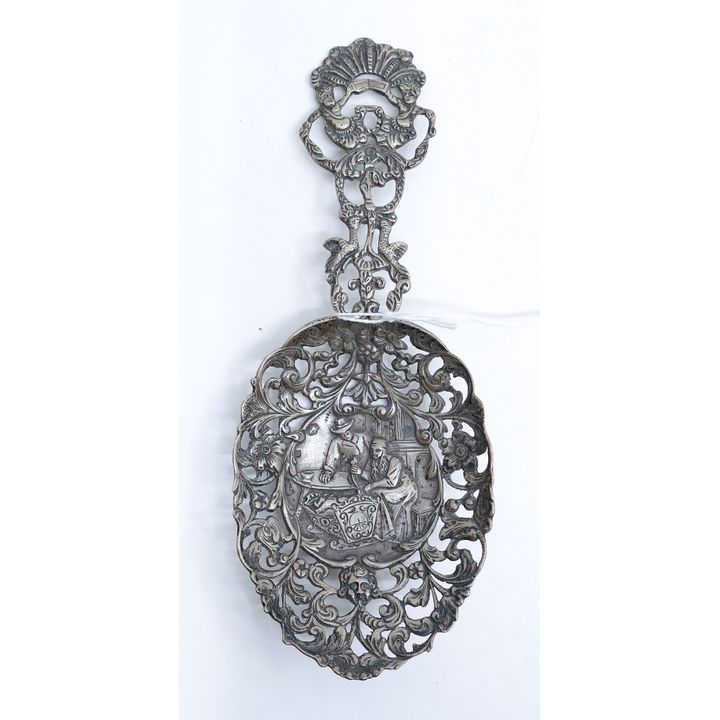 Ornate Dutch 835 Silver Pierced Oval Serving Spoon 7'' - 63 Grams