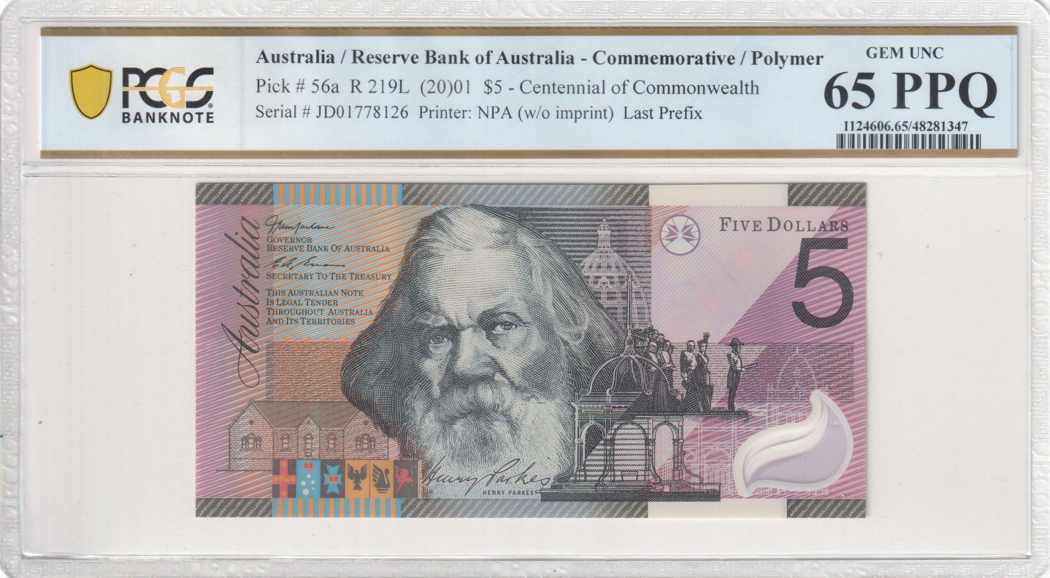 Macfarlane/Evans, Last Prefix, Five Dollar, 2001, PCGS Gem UNC 65 PPQ
