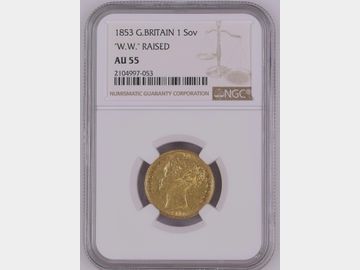 1853 VICTORIA YOUNG HEAD LONDON MINT 'W.W. RAISED' SHIELD GOLD SOVEREIGN AU53