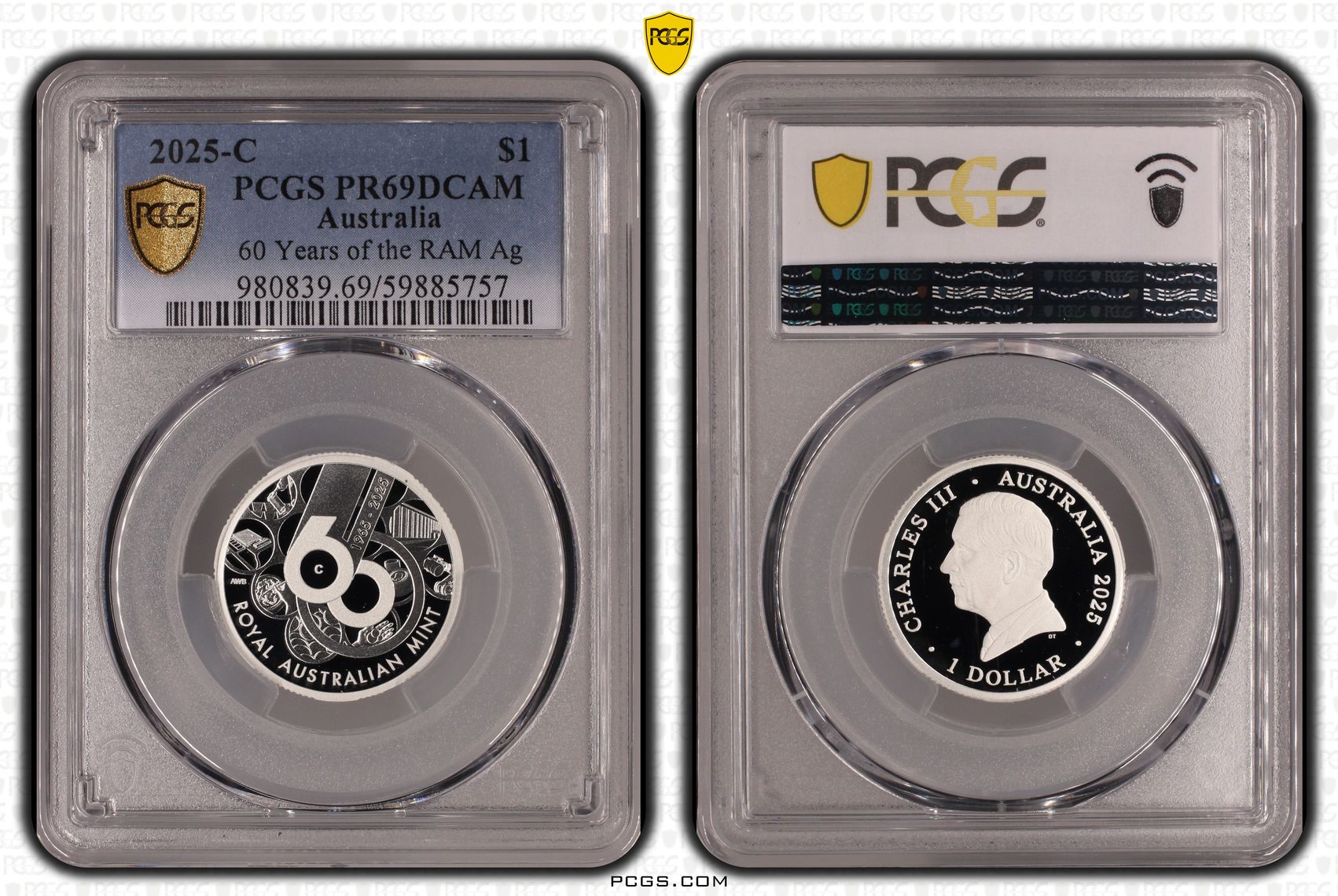 60 Years of the RAM Silver, One Dollar, 2025-C, PCGS PR69DCAM